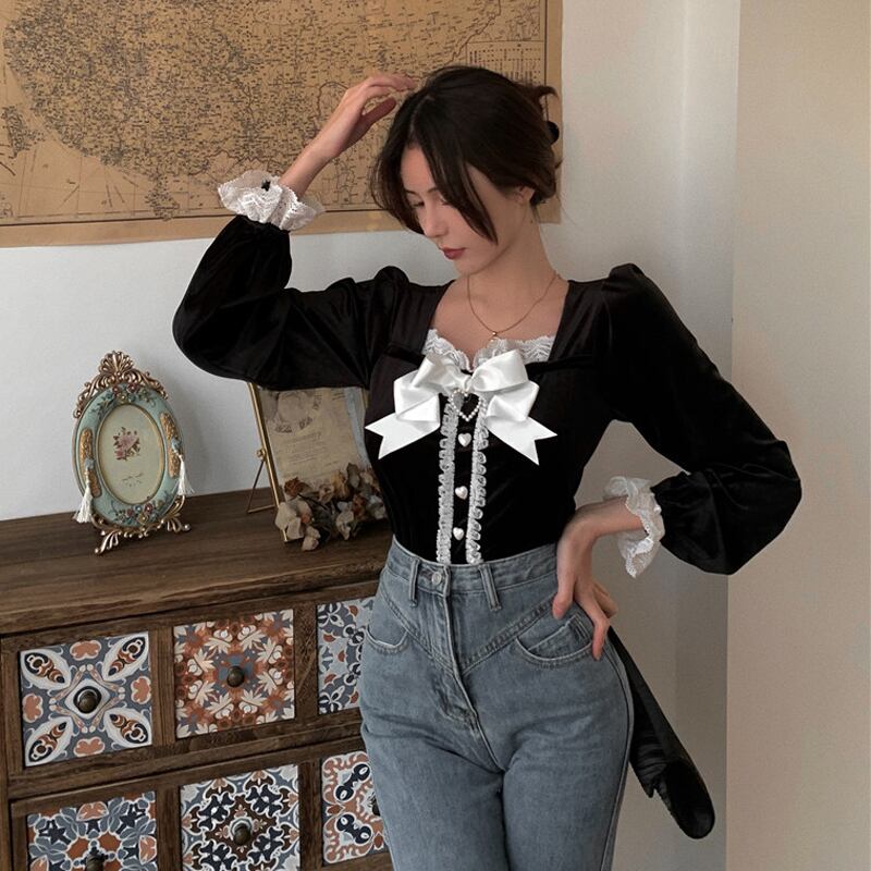 スタンダードベルベットレースシフォンシャツ レディーストップス ブラック ロング レトロ オータム 秋物 ウィンター 冬物 ブラックストロベリース3209701876