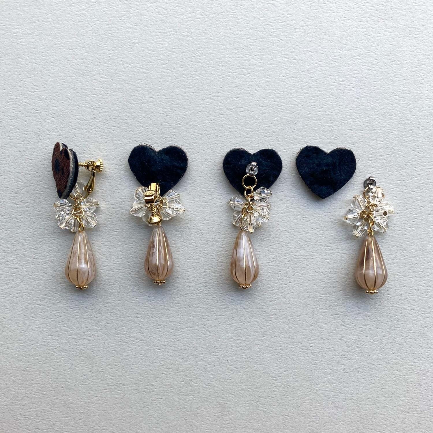 アニマル柄ハラコハートとビーズのゆらゆら〈ピアス/イヤリング