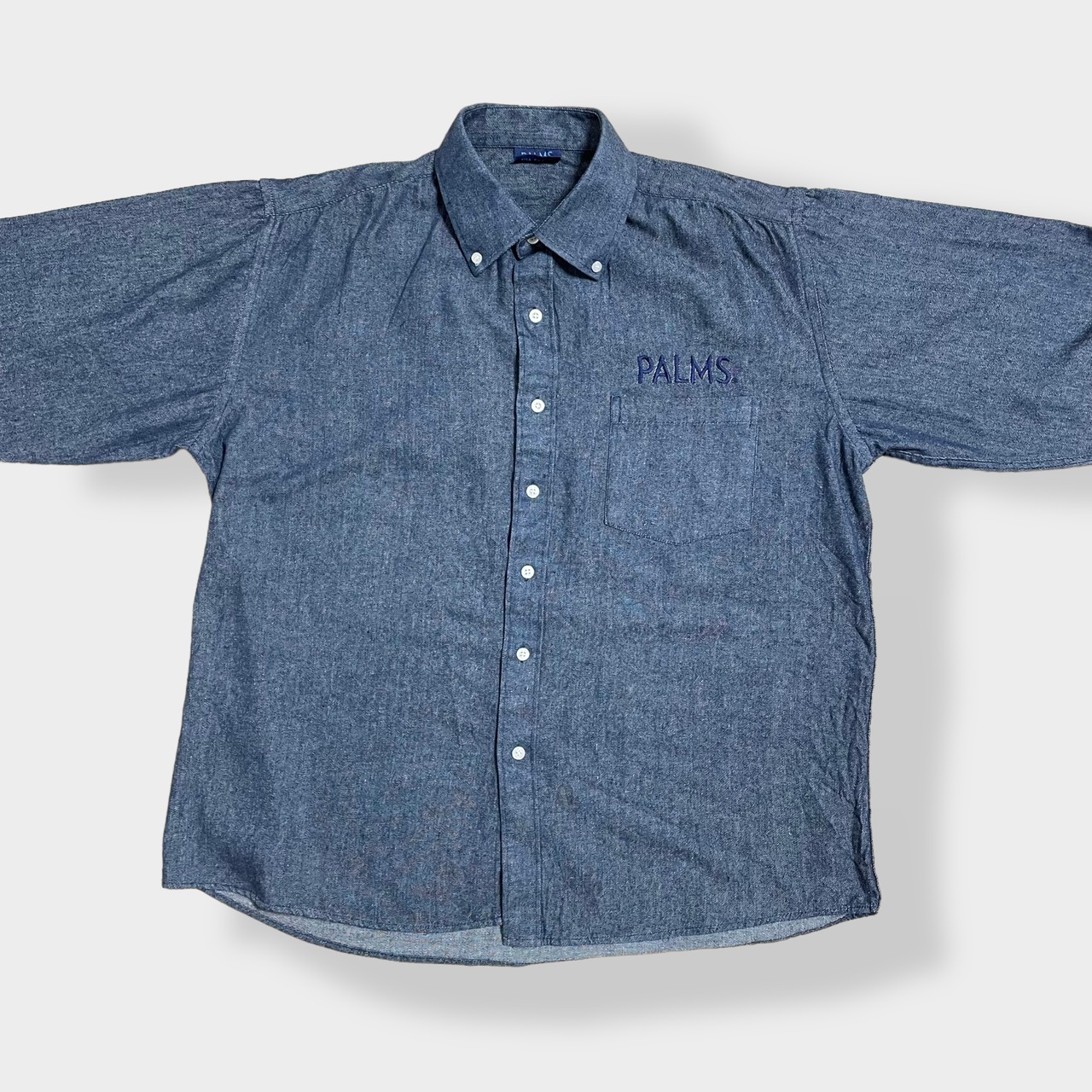 【PALMS】デニムシャツ 刺繍ロゴ ネイビー ボタンダウン カジュアルシャツ 長袖シャツ M US古着