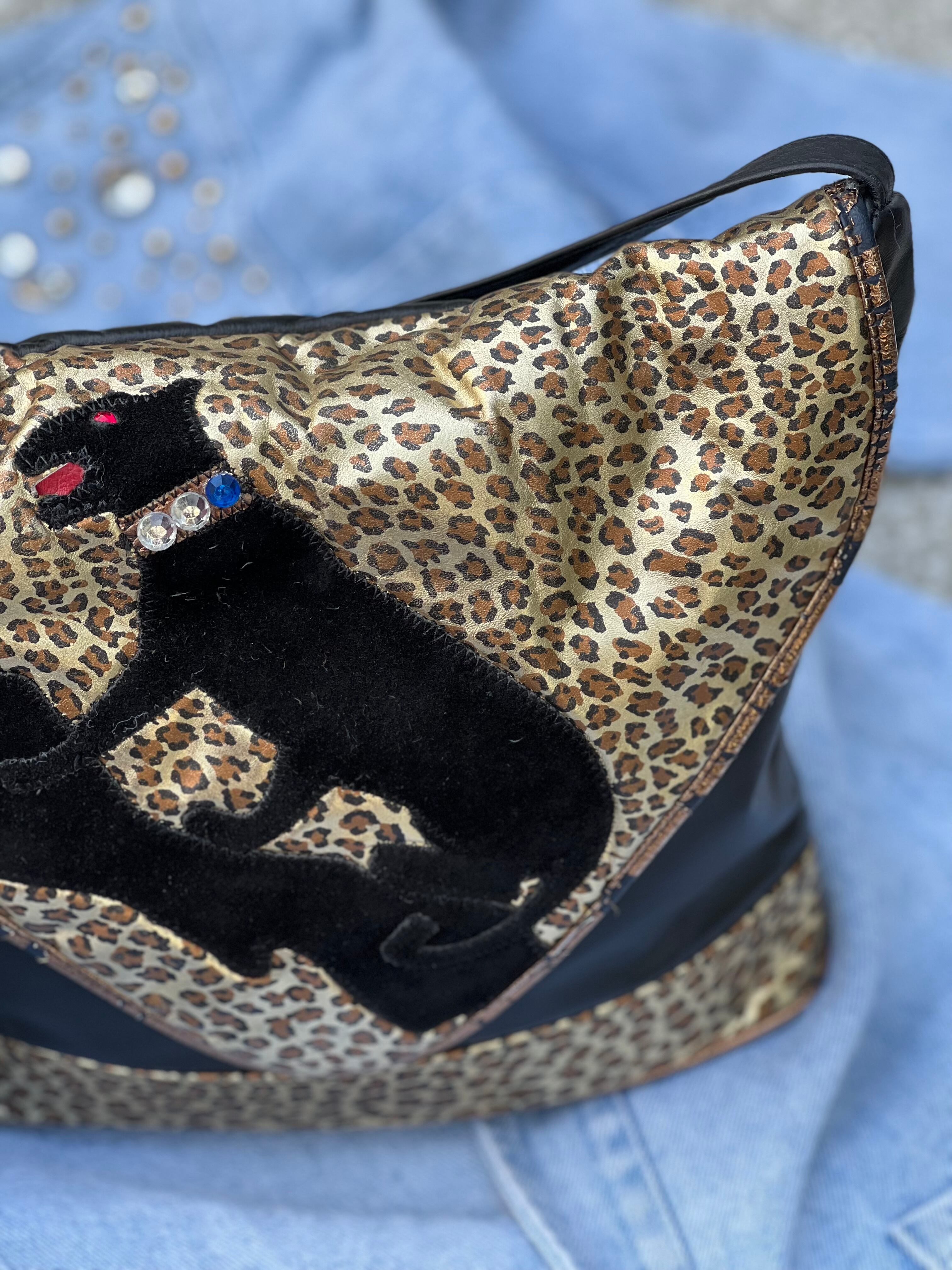 80s black panther appliqué × bijou leather shoulder bag ( ヴィンテージ ブラック ×