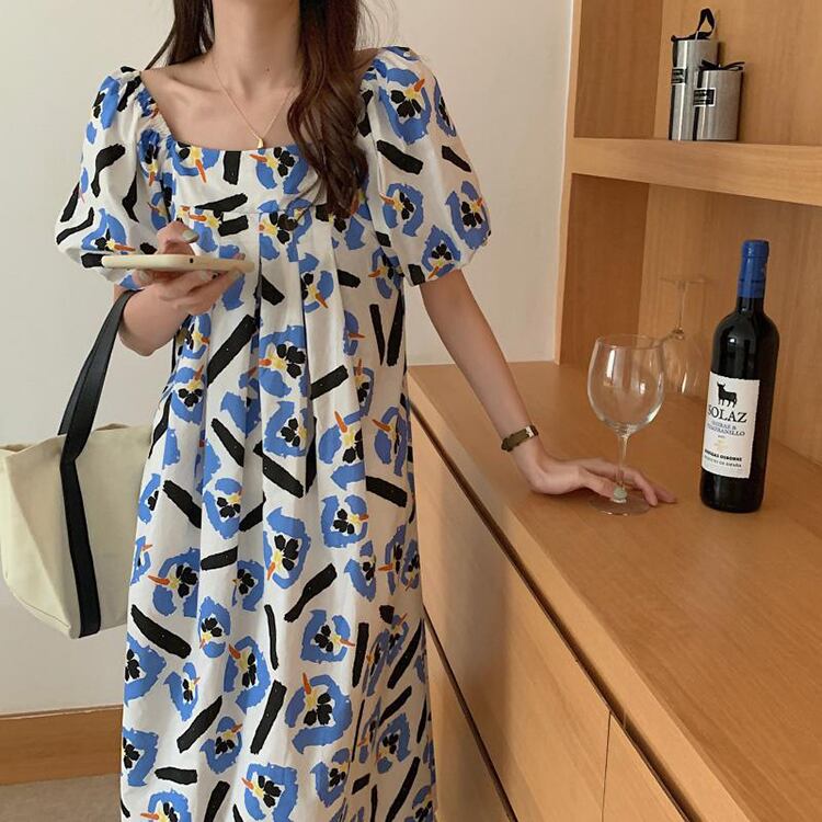 ドレス サマーカラースリーブプリーツバックAライン ランタンスリーブ 夏物 スクウェア ビッグFスモールZ韓国44585221762