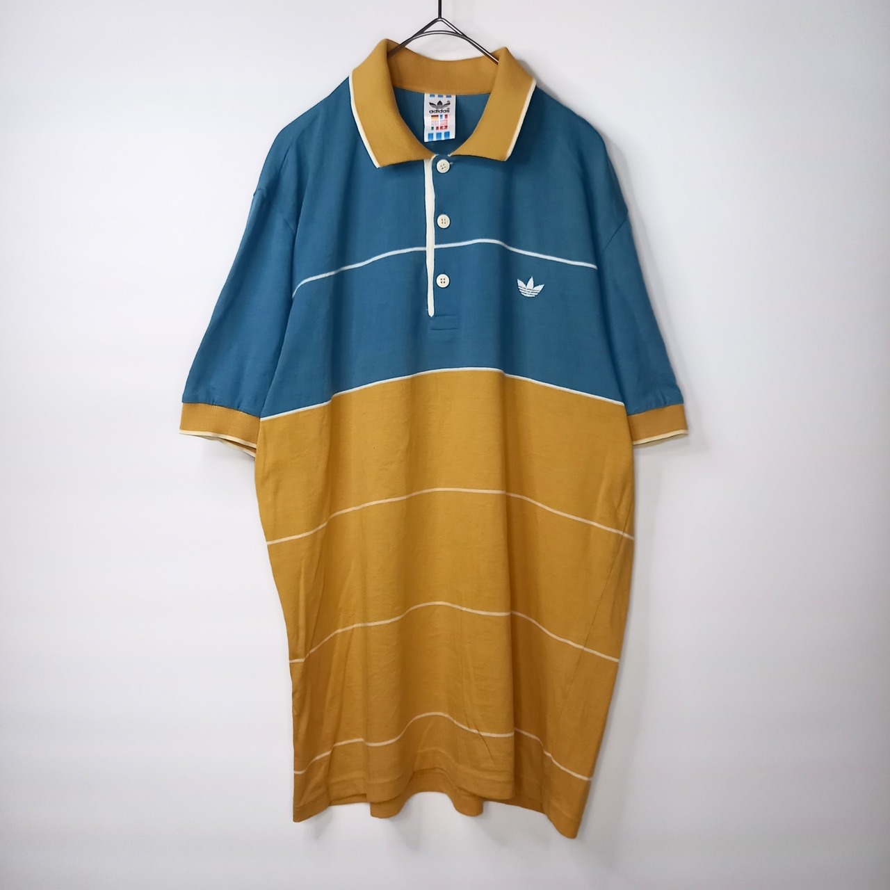 90s　アディダス　ポロシャツ　半袖　ボーダー　刺繍ロゴ　US L