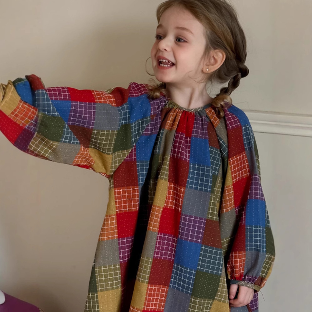 春韓国風レトロチェック柄ワンピース