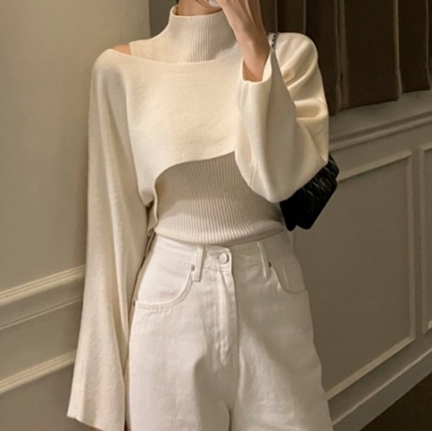 【予約販売】 ニット セーター 2枚セット トップス ノースリーブ 長袖 レイヤード レディース 無地 ホワイト/ベージュ/グレー/ブラック 大人可愛い フェミニン エレガント おしゃれ 韓国 秋 冬 トレンド フリー