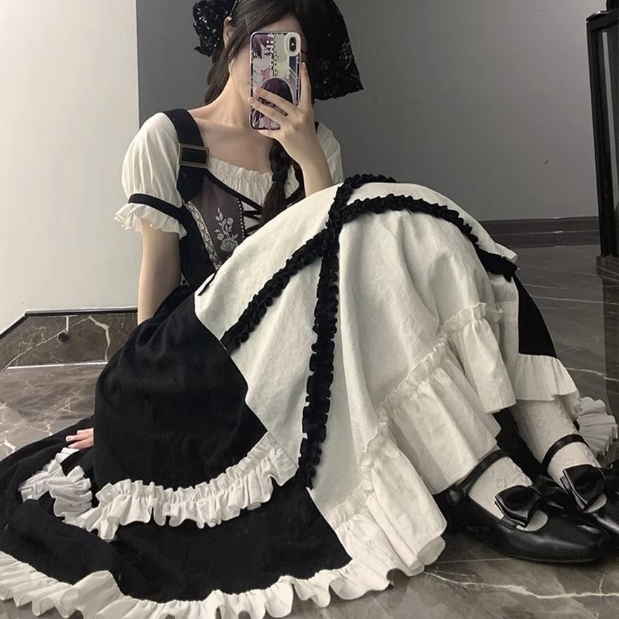 クラロリ 半袖ワンピ 薔薇刺繍 レースアップ リボン フリル ガーリー