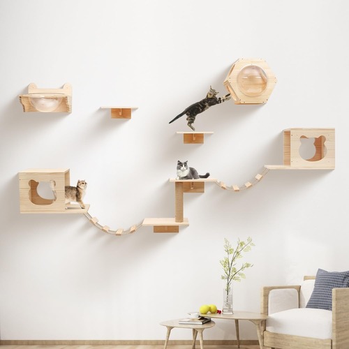 壁掛け猫クライミングフレーム オール無垢材ジャンプ台 猫スクラッチボード 壁ジャンプ台 猫家 六角形スタイリッシュ