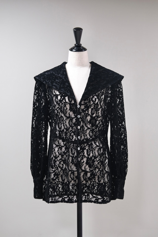 【FETICO】FLOCKED LACE SAILOR COLLAR BLOUSE -Black-