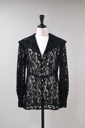 【FETICO】FLOCKED LACE SAILOR COLLAR BLOUSE -Black-