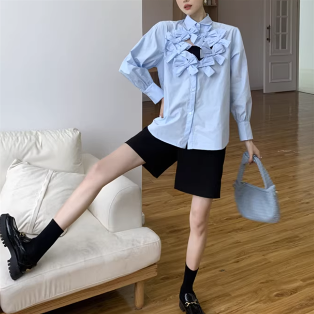 フロントオープンリボンシャツ　3color　10549