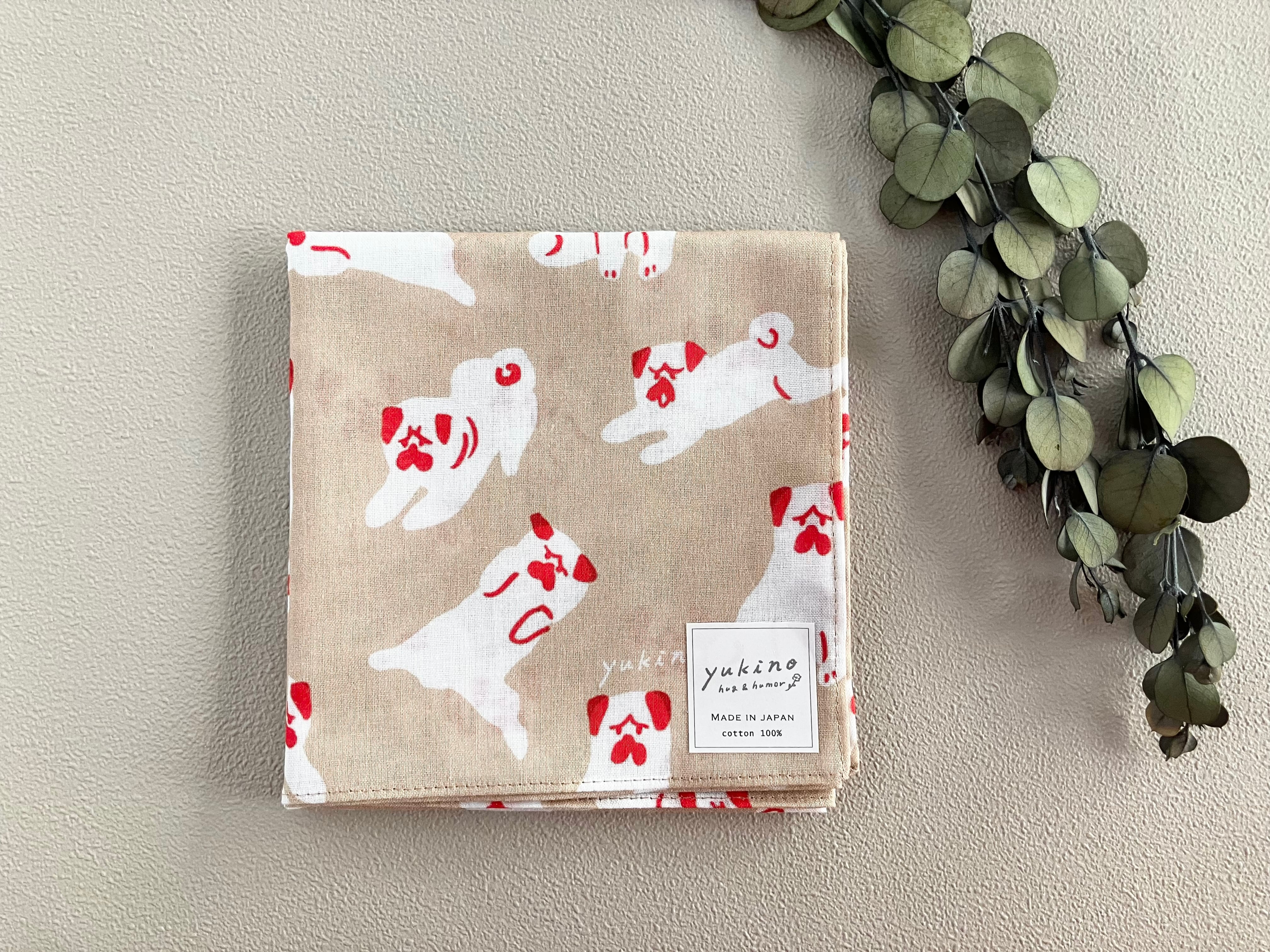 yukino textile cotton100% ハンカチ「PUGS beige」 made in japan