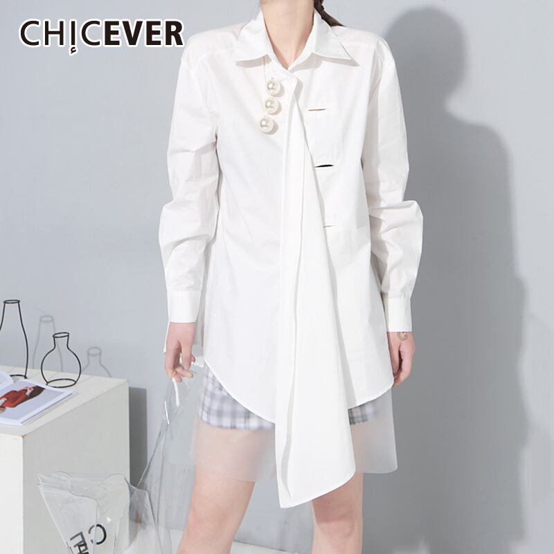 CHICEVERホワイトパールシャツラペルカラーシャーリングパッチワーク不規則な特大ルーズロングブラウス2020オータムタイド 秋物 真珠 6base549743853774