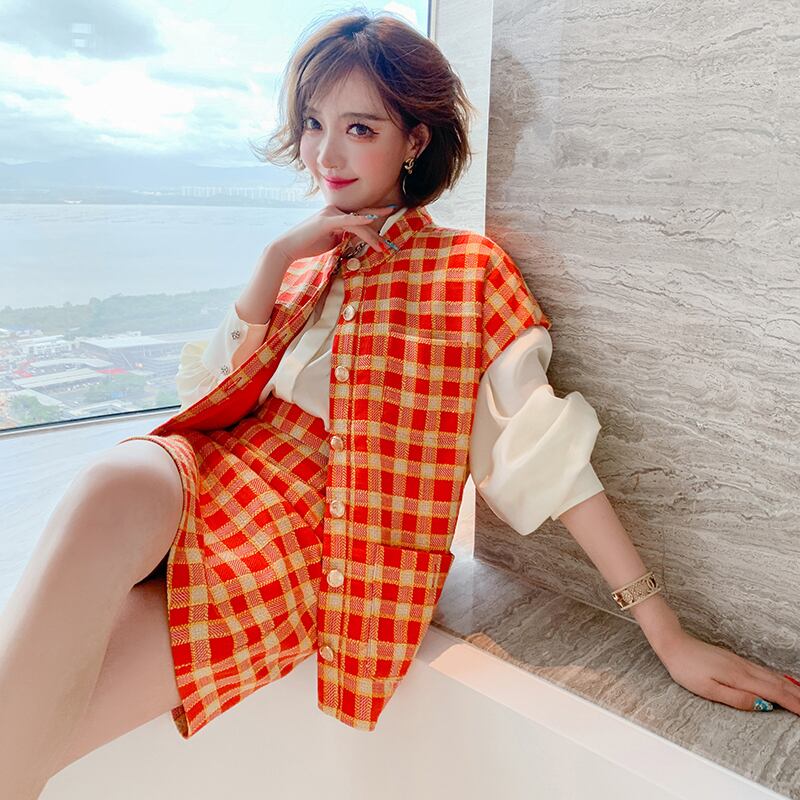 スタンダード格子柄ウェスト薄手Aラインスカート レディースオータム レトロ 秋物 MIUCO95631647378