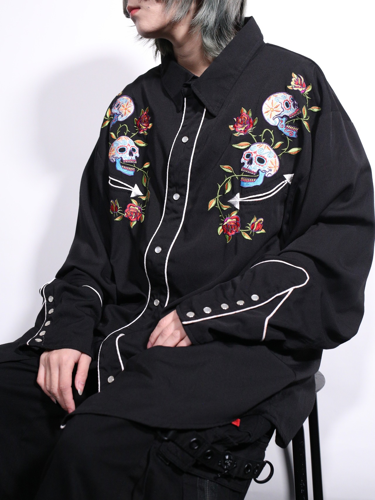 sugar skull embroidery western shirt - 1