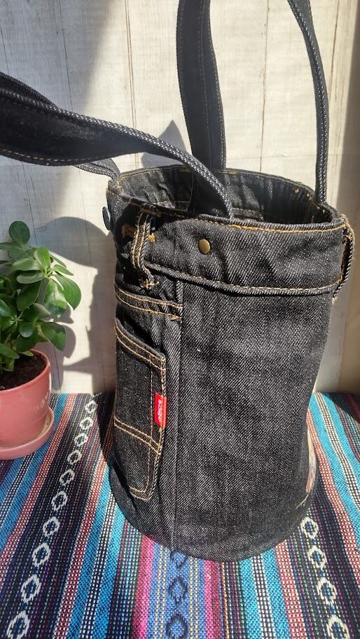 デニムリメイクトートバッグ（バケツトート）わんこプリント