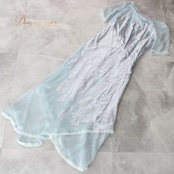 社交ダンス 衣装 スタンダード ドレス ワンピース レッスンウェア パーティドレス レディース ブルー系 U:NA ユーナ 水色 レース 半袖 光沢感 滑らかな触り心地 ポリエステル レーヨン 生地感 大人可愛い 宴会用 体型カバー おしゃれ エレガント セクシー パーティー 女子会 余興 軽やか フェミニン