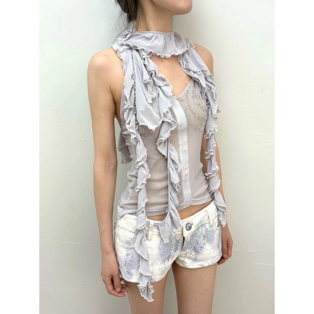 [OPEN AESTHETIC] Neck Tie Elegant Mesh Top
