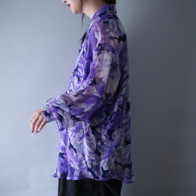 violet beautiful flower art pattern over silhouette see-through shirt