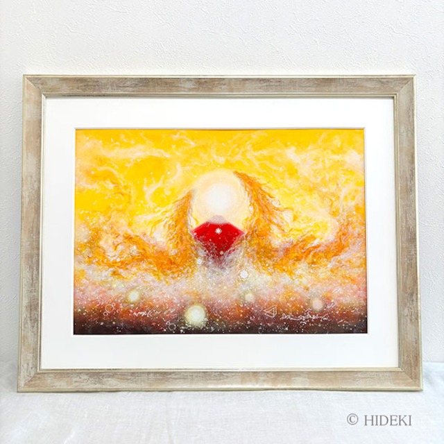 ヒーリングアート原画「豊かに巡る」HIDEKI 直筆サイン入り アクリル画 額装済｜開運絵画 ヒーリング 赤富士 龍神 金運 財運 豊かさ 循環 風水 インテリア絵画