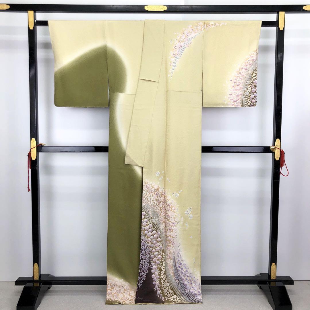 K-2966 訪問着 華やかな絞り模様 桜の花 魚子黄色 ガード加工 しつけ糸 | リユース着物専門店 わびさび