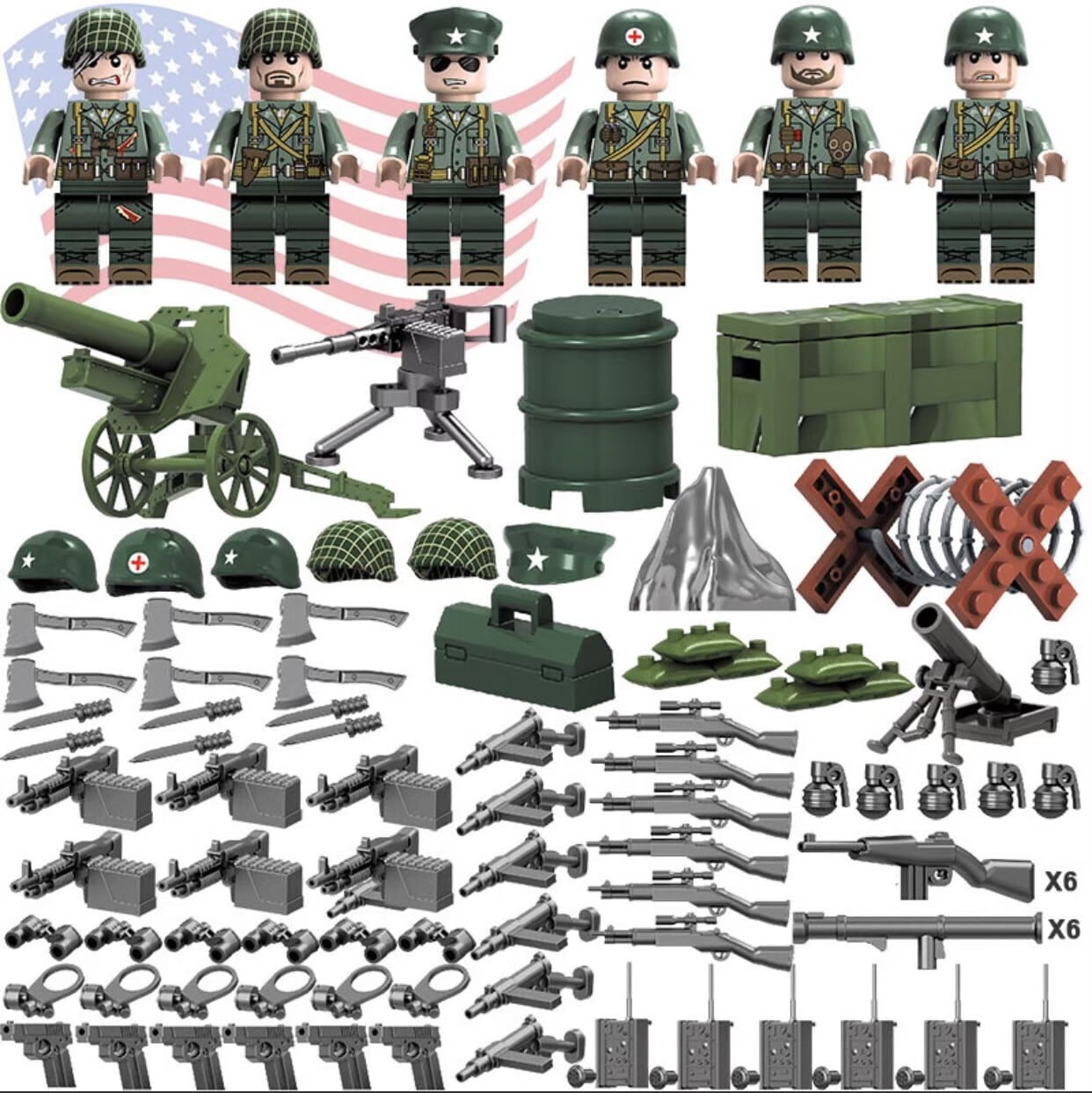 7-089 【レゴ互換】ミニフィグ6体 武器セット 太平洋戦争 アメリカ軍