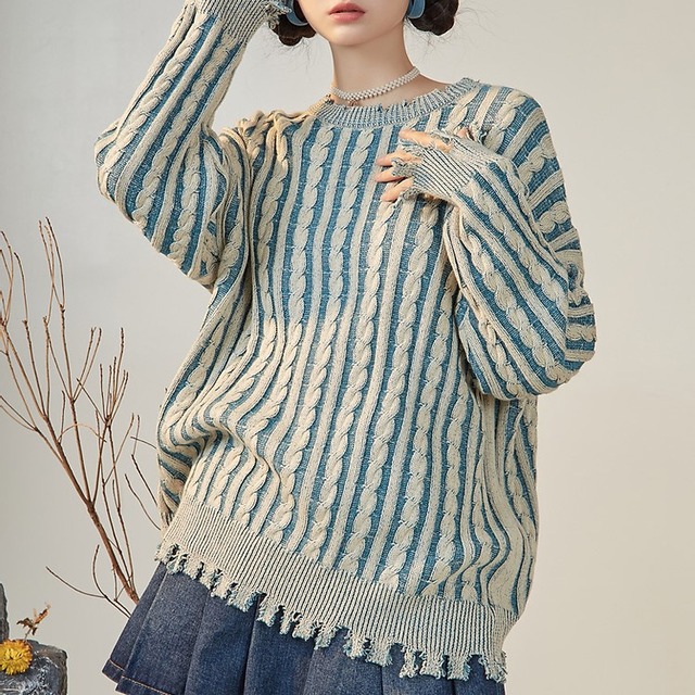 フリンジstripeのケーブル編みセーター(kai0031)
