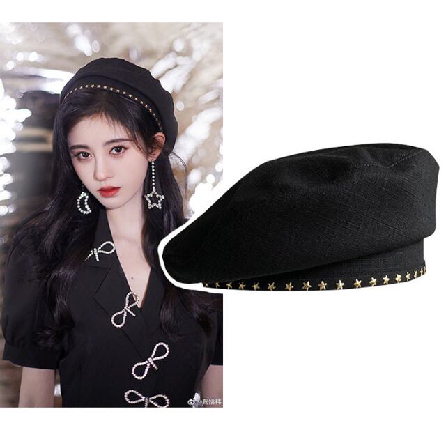 【予約販売】 ベレー帽 レディース 帽子 スタッズ 星 ブラック 黒 レザー 麻 スタイリッシュ ストリート こなれ感 お洒落 韓国 トレンド