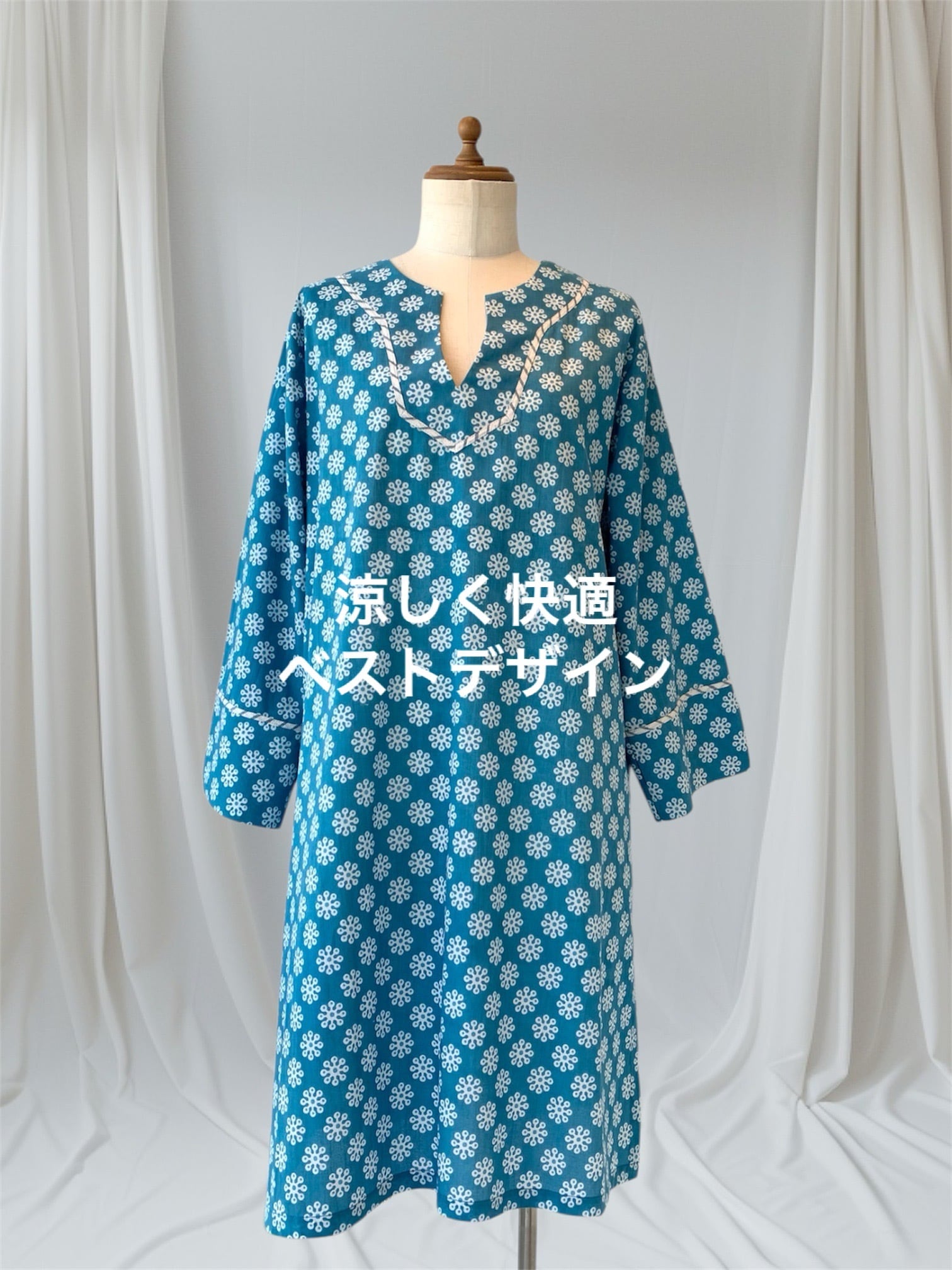 ワンピース チュニック 涼しい 快適 インド綿 ブロックプリント 可愛い 春夏ファッション