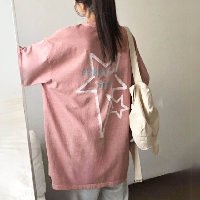 【即納】Y-4858　2026春新作♡STARSFALLプリントピグメント加工半袖Tシャツ　ピンク　0313