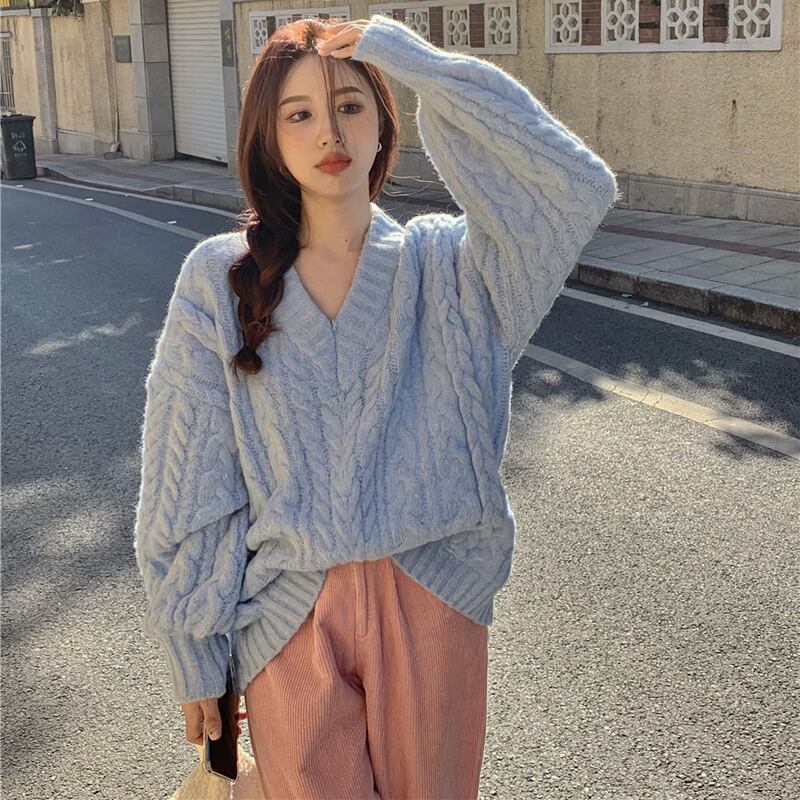 セーター ジャケット レディースオータムウィンターVネックルーズプルオーバー トップス 秋物 冬物 ブラックストロベリース48236299885