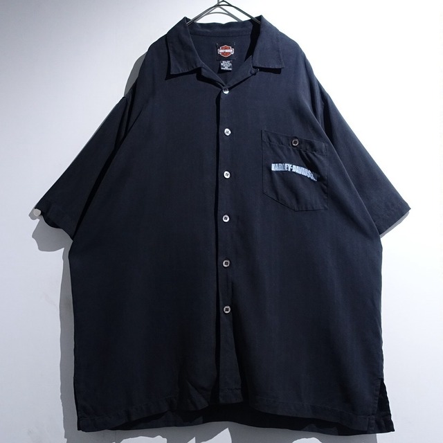 "HARLEY-DAVIDSON" Black Logo Embroidery Design Silk Open-Collar Shirt