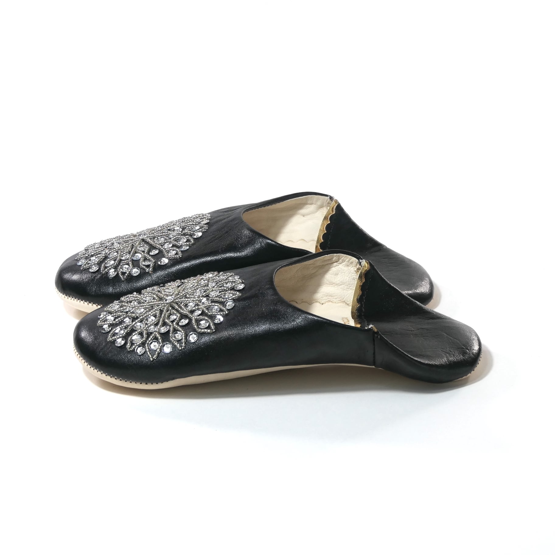ブラック（シルバースパンコール）レザー バブーシュ スリッパ