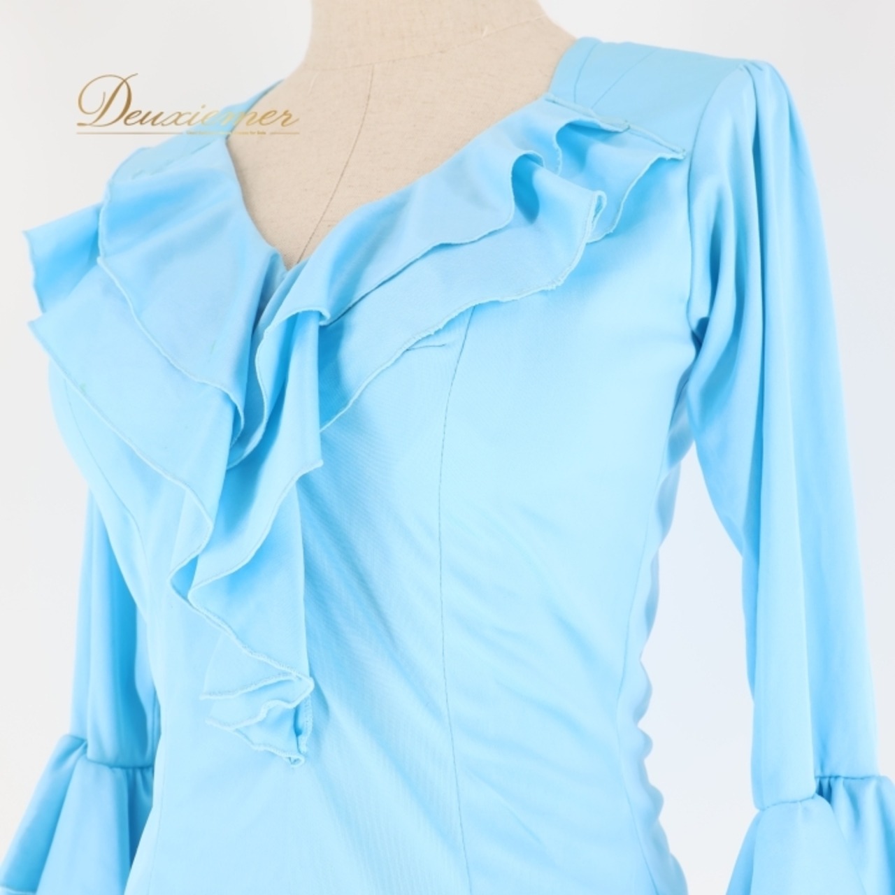 フラメンコ 衣装 トップス ブラウス 水色 無地 フリル ダンス パーティ 発表会 レッスン 練習着 ブルー系 スカイブルー 大人用 レディース 踊り用 おしゃれ お出かけ フォーマル コスチューム
