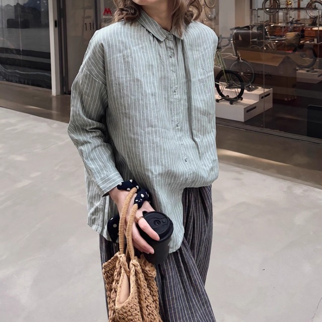 ストライプシャツ スタンドカラー ロングスリーブ   00244