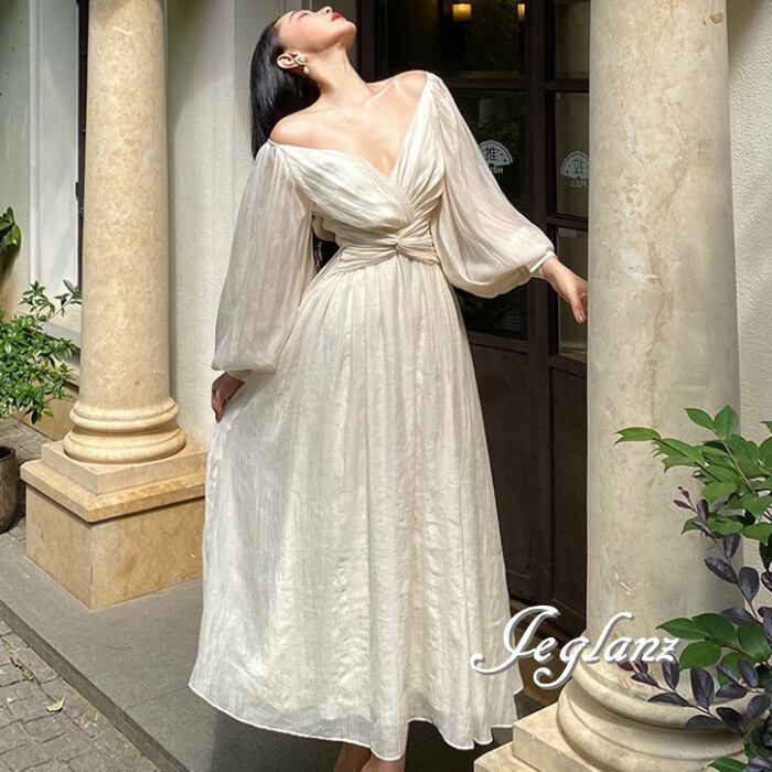 ワンピース ドレス V開き ツイスト Aライン 肌透け エレ派(M5984)α