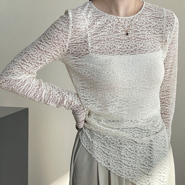 side-slit sheer crew neck top L0138