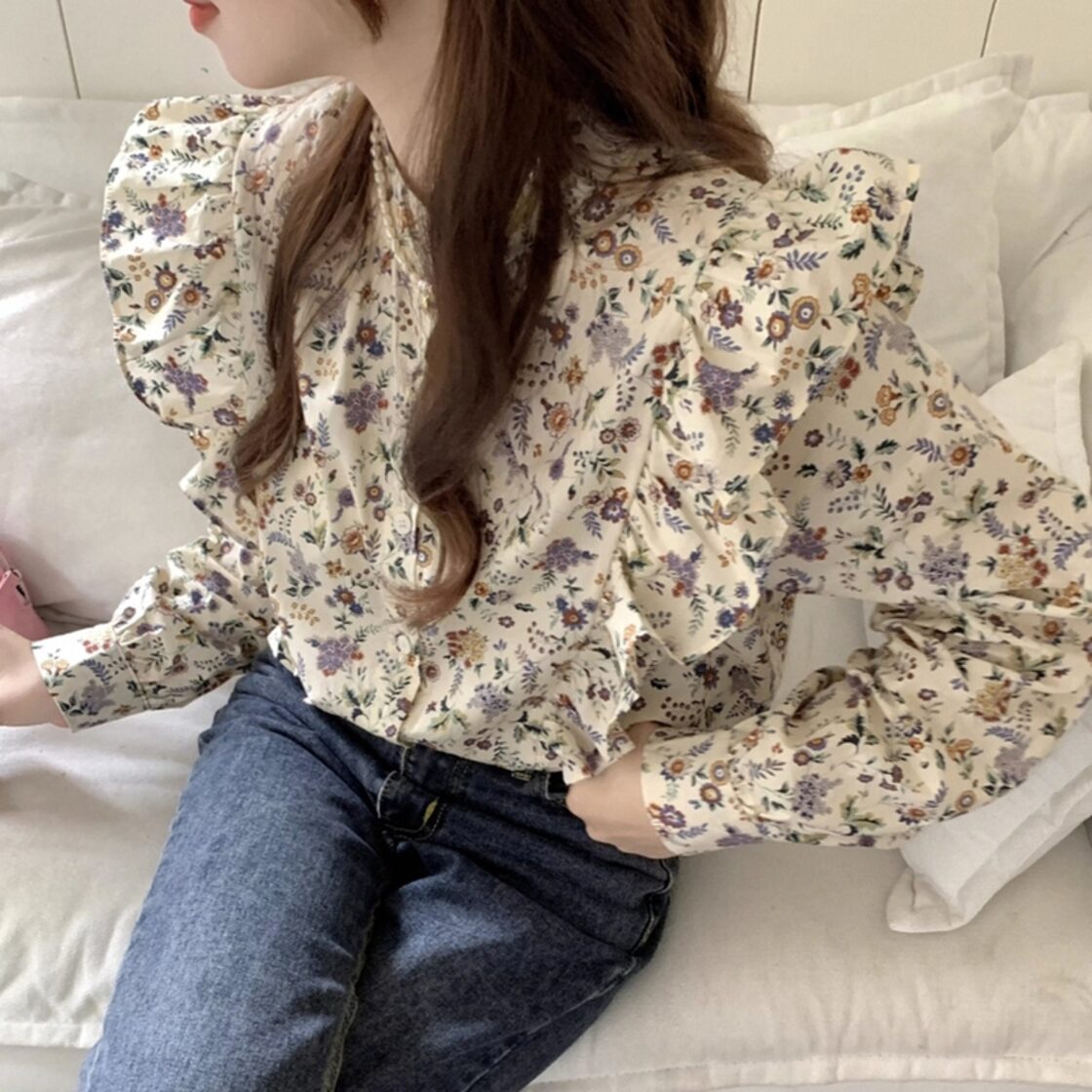 レディース ノーカラーフリル花柄シャツ トップス シャツ 小花柄シャツ 