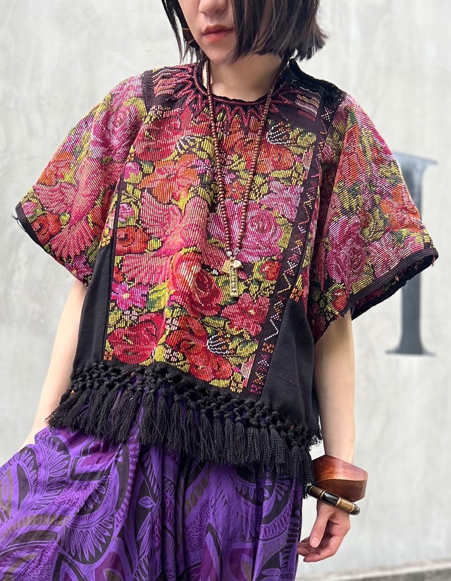 Vintage Guatemala black × bird floral embroidery fringe tops ( ヴィンテージ グアテマラ ブラック × 鳥 花柄 刺繍 フリンジ トップス )