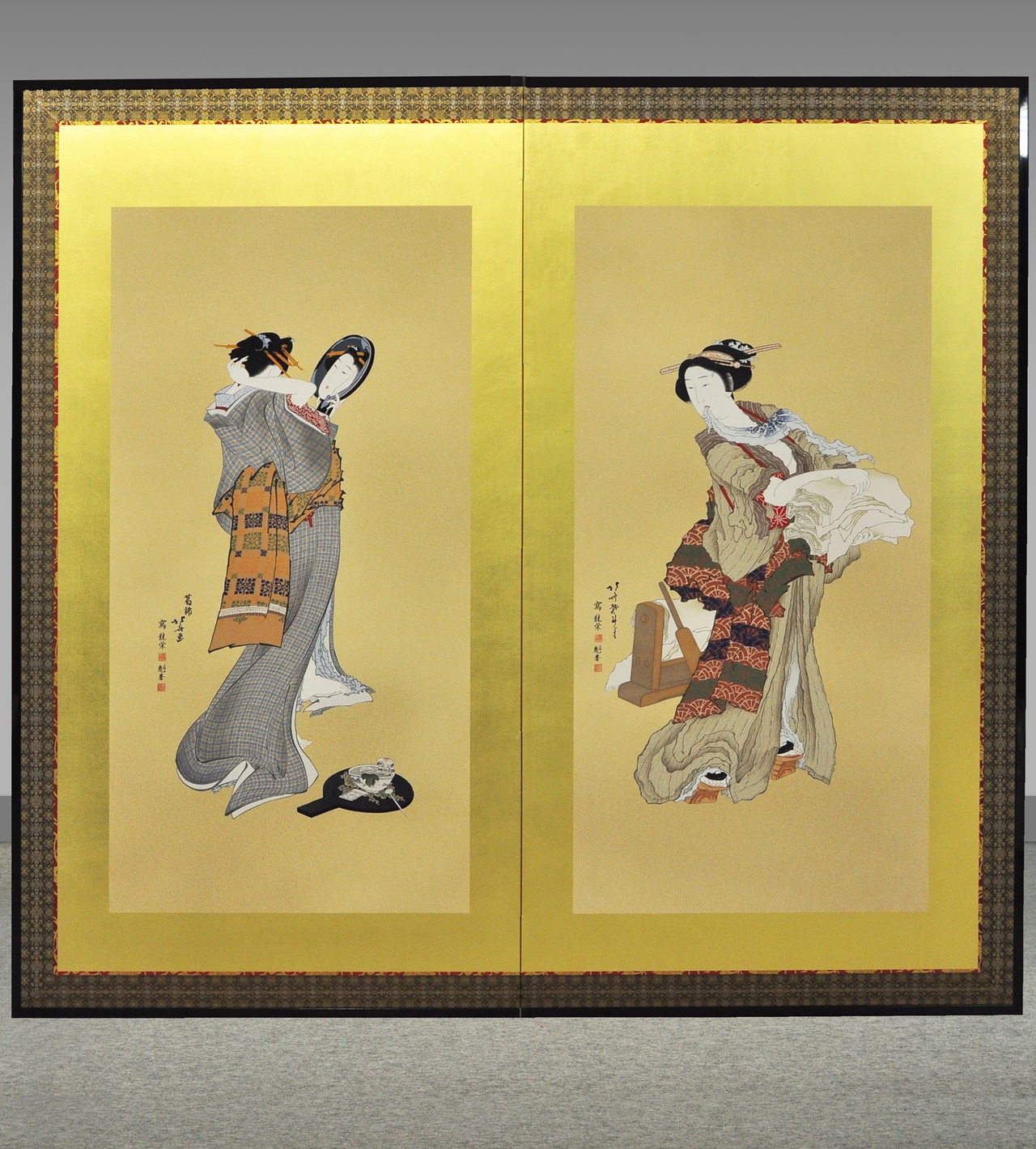 友禅浮世絵屏風 『北斎六美人競べ』（二曲一隻）