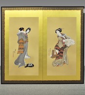 友禅浮世絵屏風 『北斎六美人競べ』（二曲一隻）