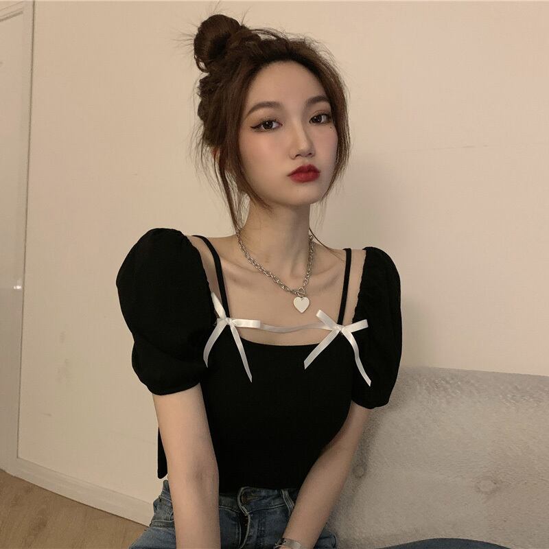 サマースタイルスリーブスリムリボンブラウス レディース 夏物 スクウェア ハンチェンe30410573725