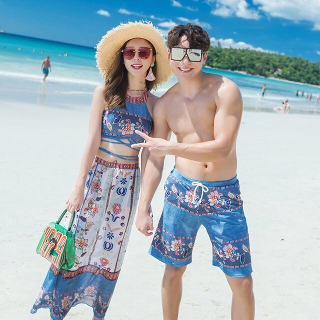 水着 カップル水着 ペアルック レディース メンズ ビキニ 3点セット パレオ 海水パンツ ペア水着 恋人 おそろい お揃い ホルターネック エスニック柄