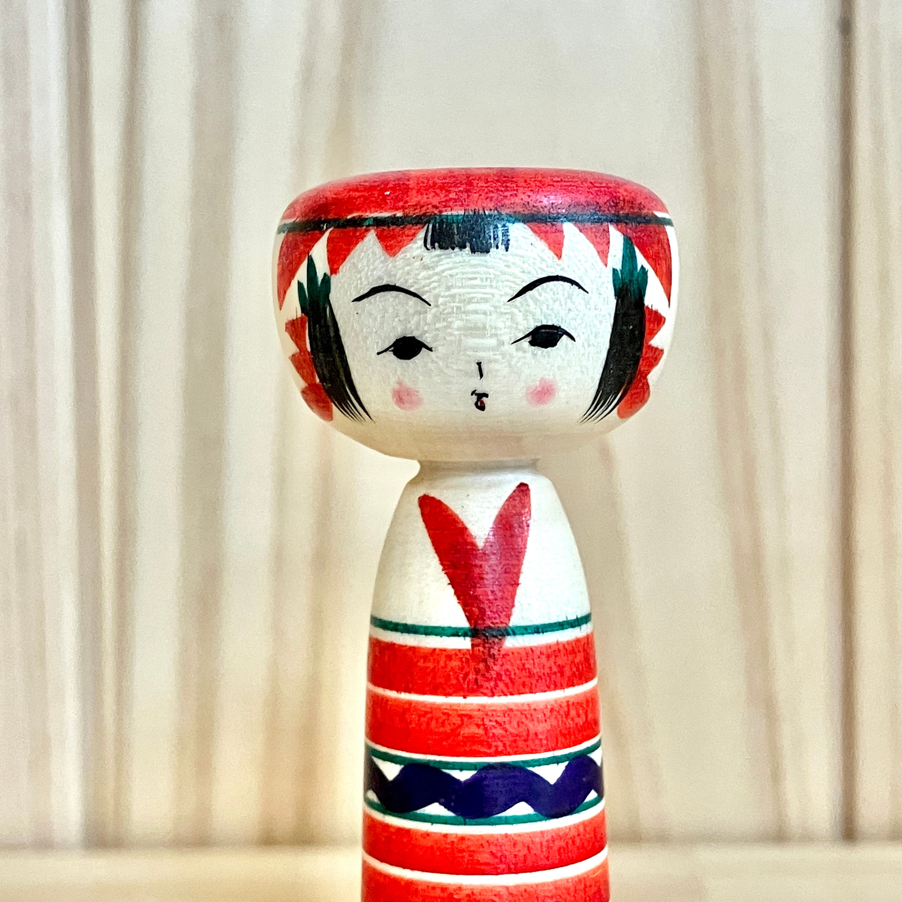 新山真由美工人：弥治郎系】こけし オレンジ赤紫：3寸 約9cm N10MaN