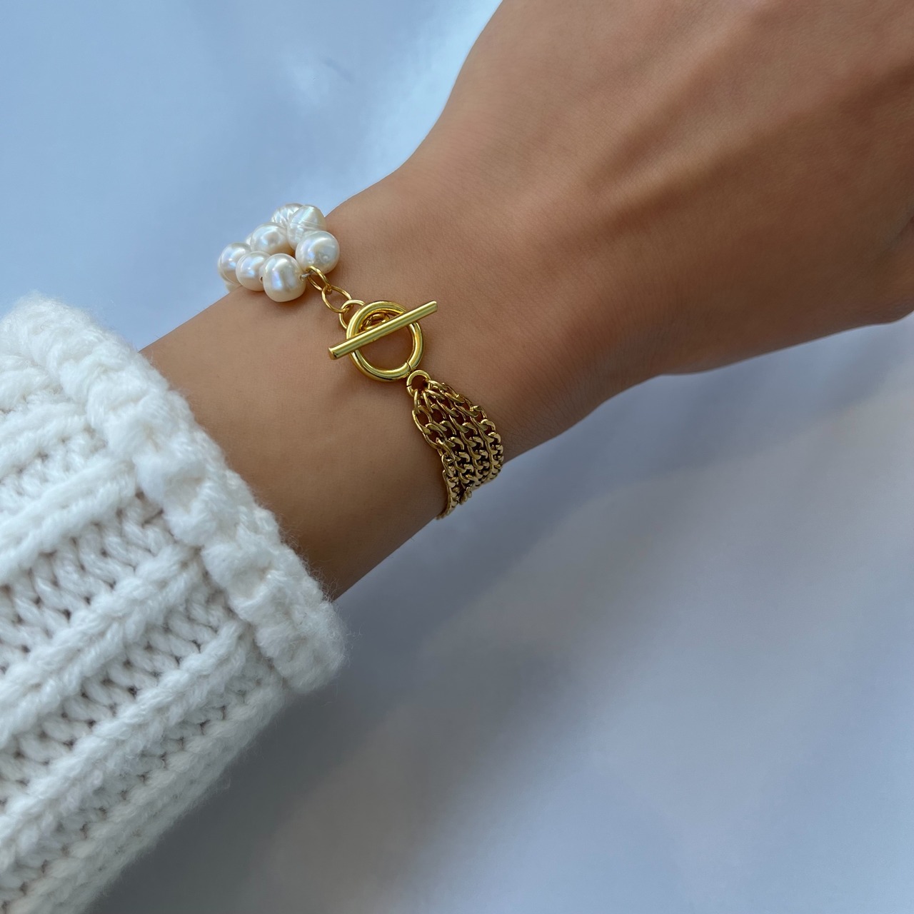 編みパール×4連チェーン　ブレスレット［GKB019］