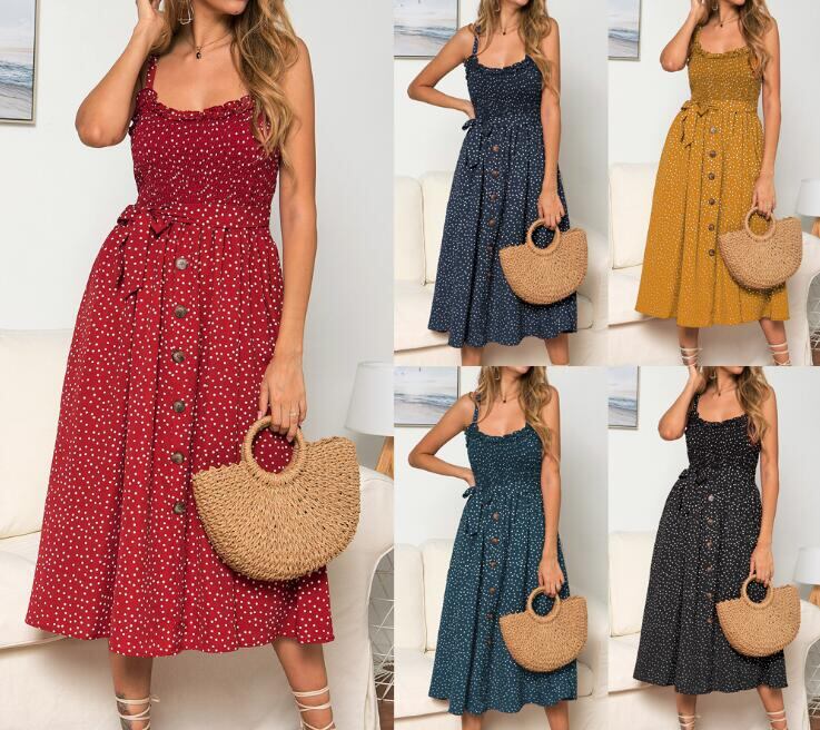 夏新作 ドット柄 キャミソールワンピース 胸元ギャザー 着痩せ
