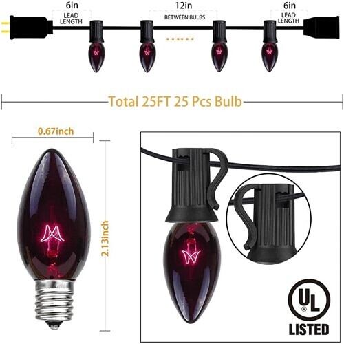 Outdoor String Lights 25Ft C7 Halloween Dark Purple 25球 C7 E12 7.6m 連結
