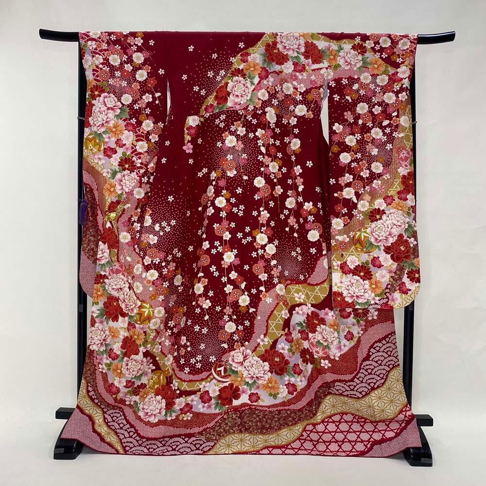振袖 中古 赤 正絹 古典 裄68cm 身丈172cm 美品 L サイズ 成人式 5075