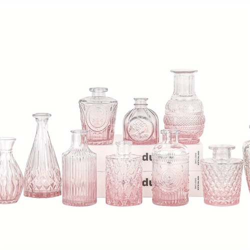 花瓶個10個セット ピンクの花瓶 ヴィンテージクリアガラスの花瓶 ホームテーブルの装飾 センターピース用 小さな花瓶 素朴なウェディングデコレーション マルチサイズ