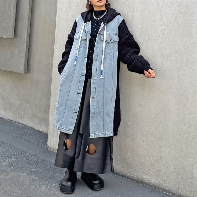 デニム切り替えフーディロングジャケットR30353