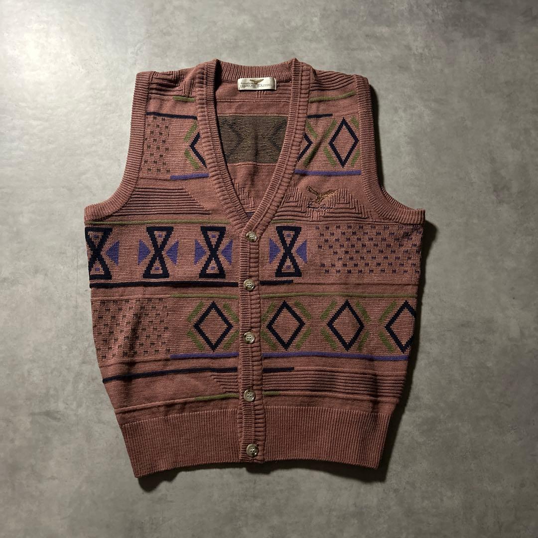 ヴィンテージ ケーブル レトロ デザイン 幾何学 模様 総柄 ニット ベスト