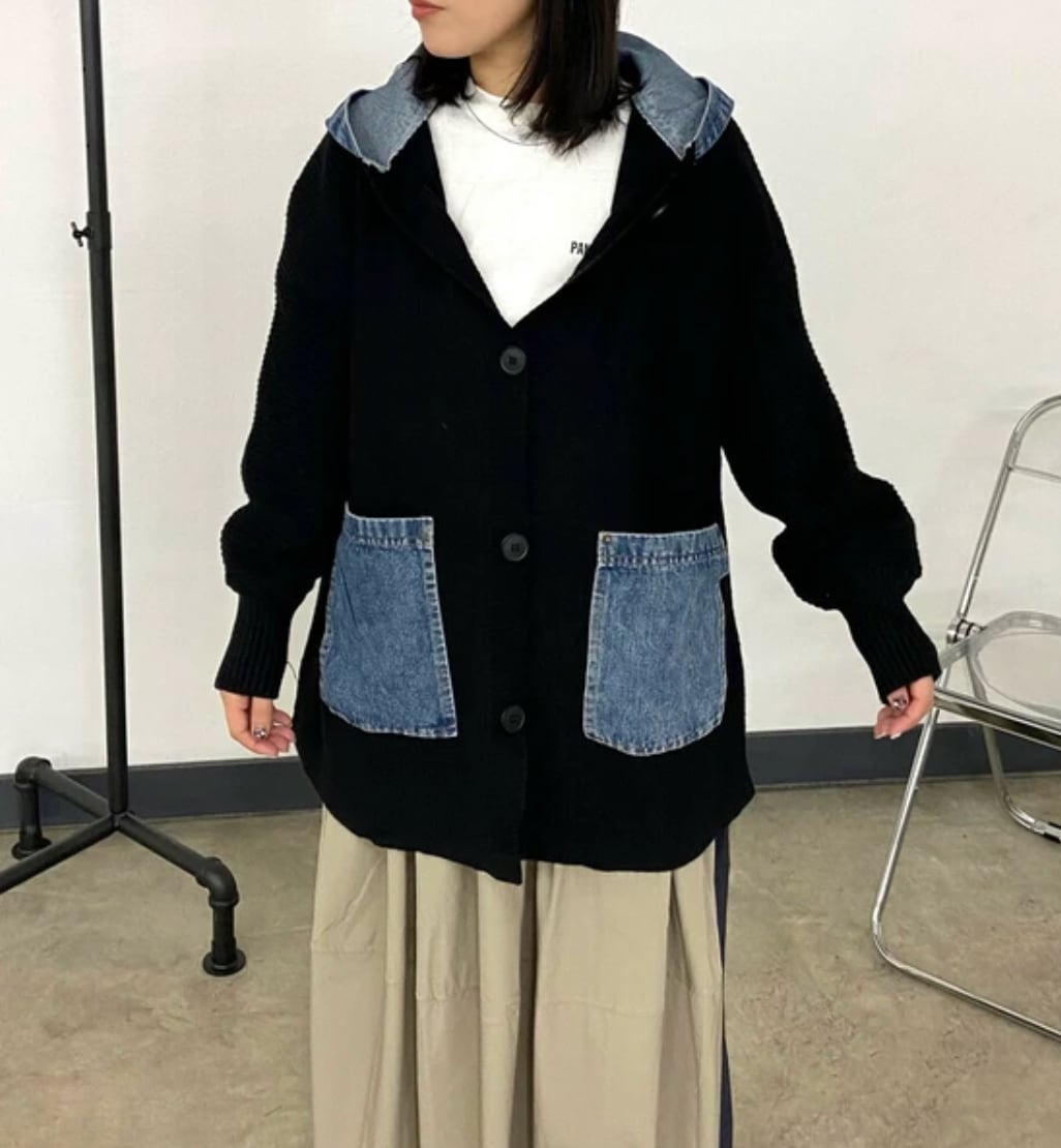 ナンバーミーTOKYO"DENIM HOODIE DOCKING CARDIGAN"BLACK